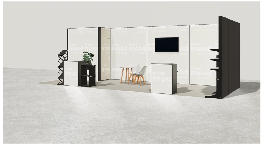 Widok prezentacyjny stoiska targowego stoisko narozne prawe 8x3 m100 led ekspozycyjny z1 r1 s0 l1 e1 p0 w1 m0 g0 a4 v2a o4