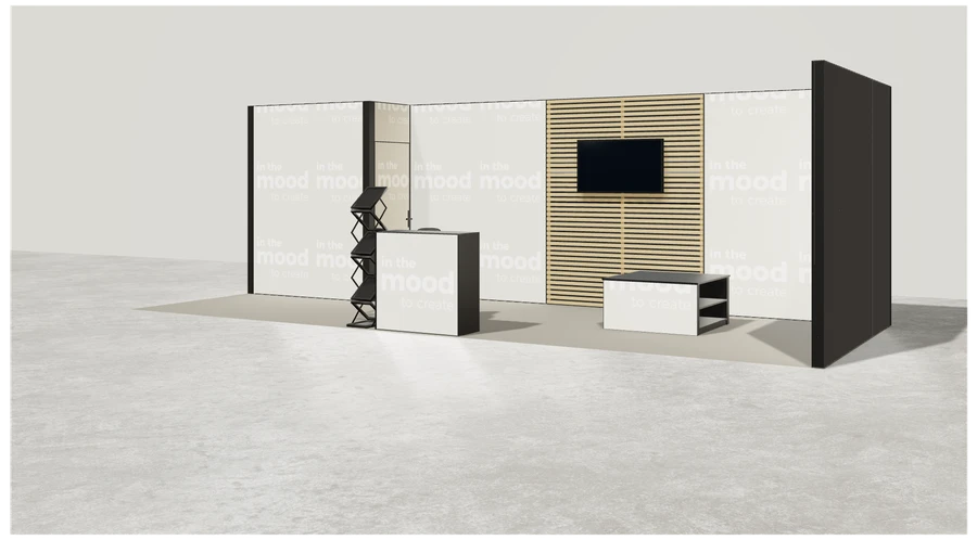 Widok prezentacyjny stoiska targowego stoisko narozne prawe 8x3 m100 led z zapleczem z2 r0 s0 l1 e1 p0 w0 m0 g0 a0 v2a o4
