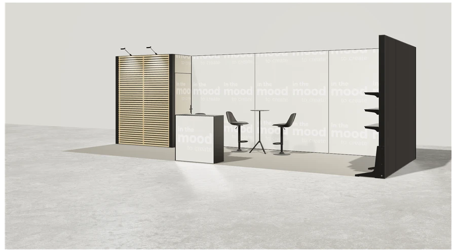 Widok prezentacyjny stoiska targowego stoisko narozne prawe 8x3 m100 led  ekspozycyjny z2 r1 s0 l1 e0 p0 w0 m0 g0 a1 v2a o3