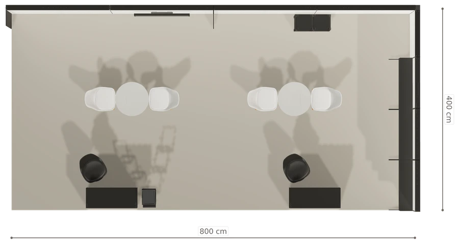 Rzut z góry stoiska stoisko narozne prawe 8x4 m100 led ekspozycyjny xl z0 r2 s0 l1 e1 p0 w0 m0 g0 a4 v2 o4