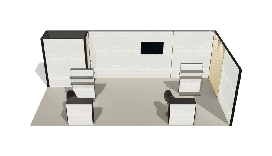 Układ z góry stoiska targowego stoisko narozne prawe 8x4 m100 led z zapleczem z1 r0 s0 l1 e1 p0 w0 m0 g0 a2 v2a o2