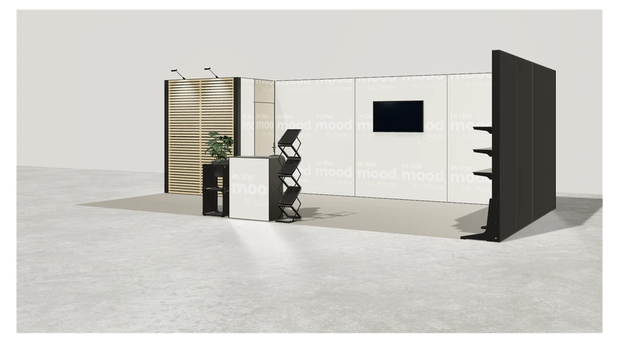 Widok prezentacyjny stoiska targowego stoisko narozne prawe 8x4 m100 led  ekspozycyjny z3 r1 s0 l1 e1 p0 w0 m0 g0 a1 v2a o4