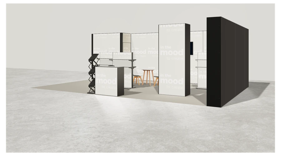Widok prezentacyjny stoiska targowego stoisko narozne prawe 8x5 m100 led  z zapleczem z1 r0 s0 l1 e1 p0 w0 m0 g0 a4 v2a o5