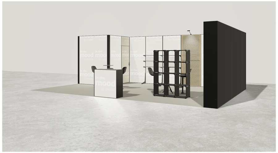 Widok prezentacyjny stoiska targowego stoisko narozne prawe 8x5 m100 led  ekspozycyjny xl z2 r2 s0 l1 e1 p0 w2 m0 g0 a0 v2a o2