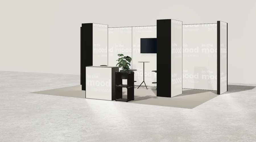 Widok prezentacyjny stoiska targowego stoisko polwyspowe 6x4 m100 led  z ekranem z0 r0 s0 l1 e1 p0 w0 m0 g0 a4 v2 o5
