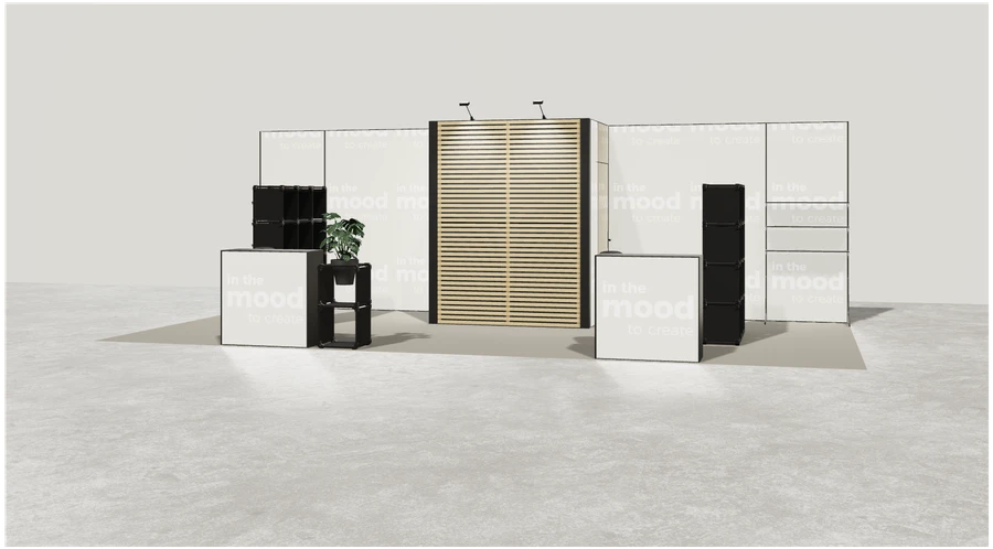 Widok prezentacyjny stoiska targowego stoisko polwyspowe 8x4 m100 led ekspozycyjny z2 r1 s0 l1 e0 p0 w0 m0 g0 a1 v2 o5