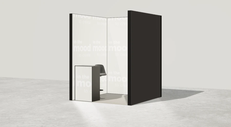 Widok prezentacyjny stoiska targowego stoisko szeregowe 2x2 m100 led podstawowy z0 r0 s0 l1 e0 p0 w0 m0 g0 a4 v2 o5