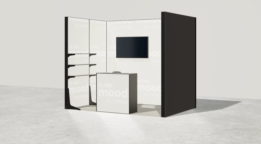 Widok prezentacyjny stoiska targowego stoisko szeregowe 3x2 m100 led  ekspozycyjny z0 r1 s0 l1 e1 p0 w2 m0 g0 a4 v2 o2