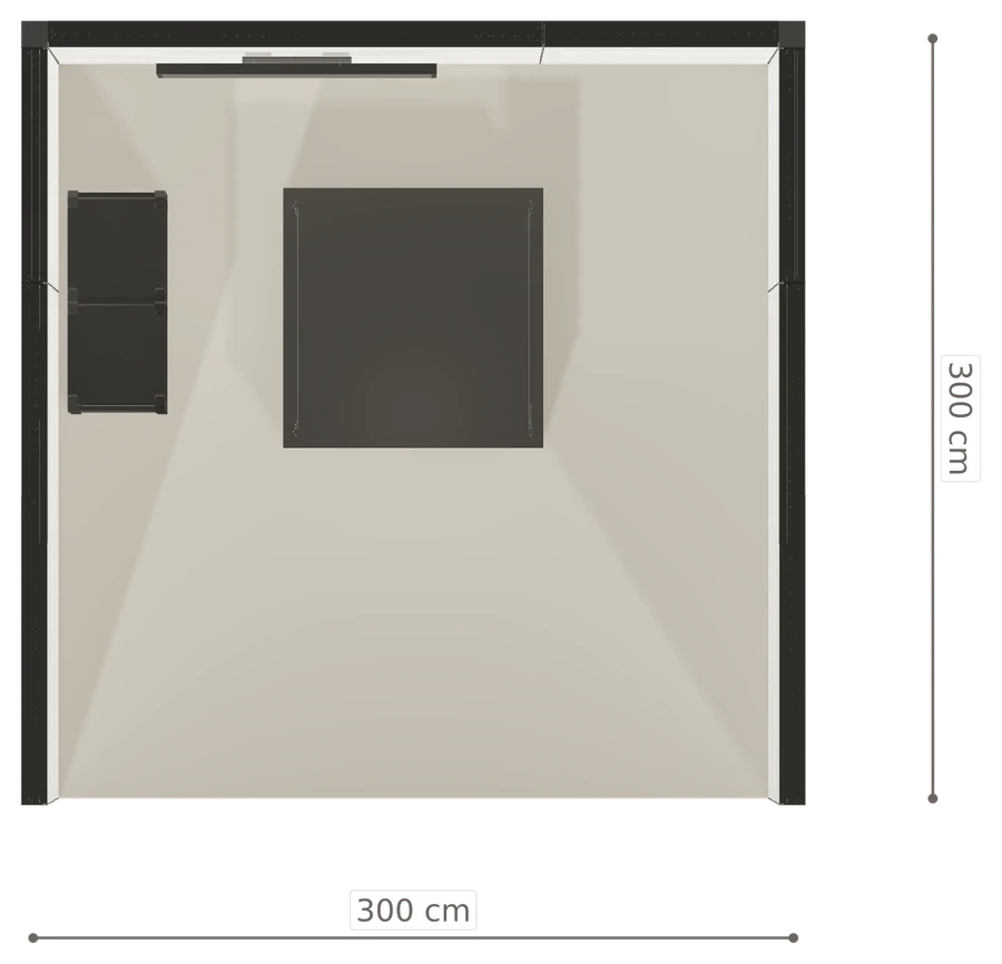 Rzut z góry stoiska stoisko szeregowe 3x3 m100 led  z ekranem z0 r0 s0 l0 e1 p0 w0 m0 g0 a4 v2 o3