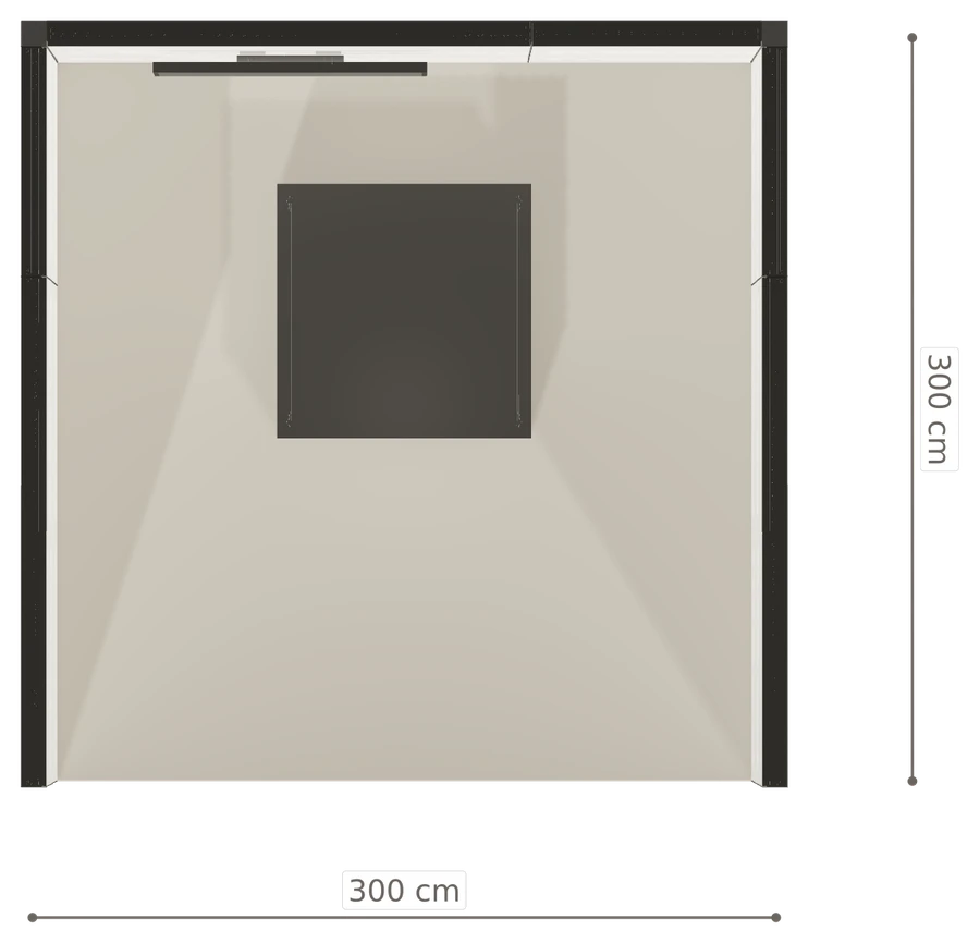 Rzut z góry stoiska stoisko szeregowe 3x3 m100 led  z ekranem z0 r0 s0 l0 e1 p0 w0 m0 g0 a4 v2 o4