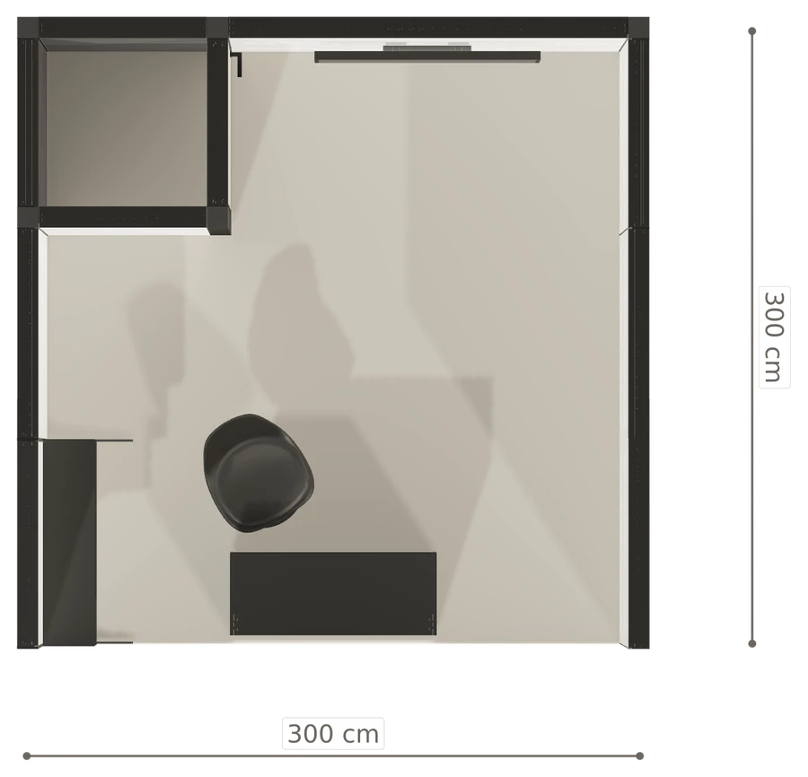 Rzut z góry stoiska stoisko szeregowe 3x3 m100 led  ekspozycyjny z1 r1 s0 l1 e1 p0 w2 m0 g0 a4 v2 o2