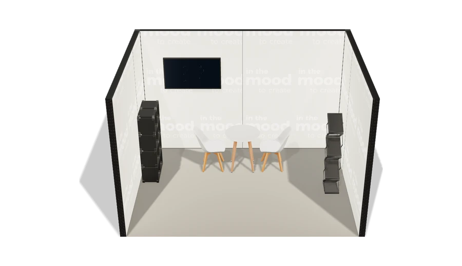 Układ z góry stoiska targowego stoisko szeregowe 4x3 m100 led z ekranem z0 r0 s0 l0 e1 p0 w0 m0 g0 a4 v2 o4