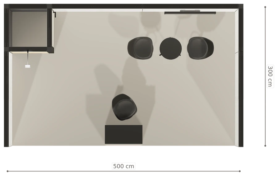 Rzut z góry stoiska stoisko szeregowe 5x3 m100 led z zapleczem z1 r0 s0 l1 e1 p0 w0 m0 g0 a1 v2 o2