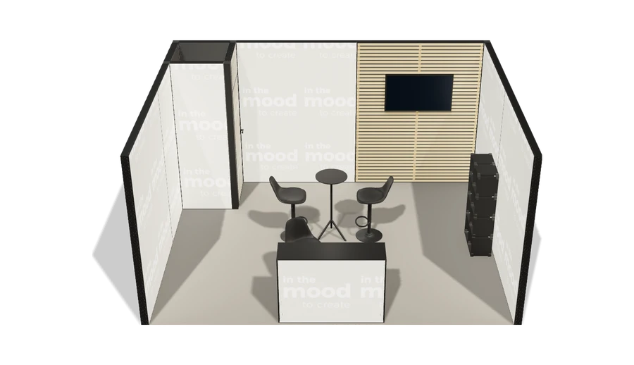 Układ z góry stoiska targowego stoisko szeregowe 5x4 m100 led  z zapleczem z1 r0 s0 l1 e1 p0 w0 m0 g0 a0 v2 o4