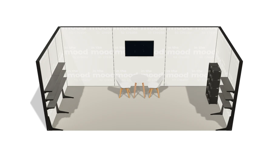 Układ z góry stoiska targowego stoisko szeregowe 6x3 m100 led  ekspozycyjny z0 r1 s0 l0 e1 p0 w0 m0 g0 a4 v2 o5