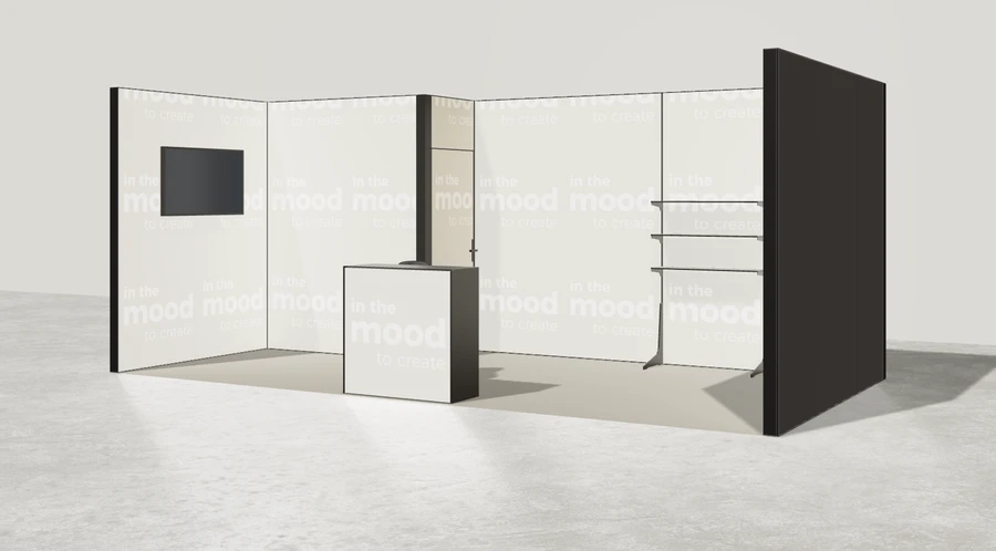 Widok prezentacyjny stoiska targowego stoisko szeregowe 6x3 m100 led  ekspozycyjny xl z1 r2 s0 l1 e1 p0 w1 m0 g0 a4 v2 o4