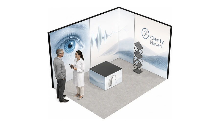Stoisko 4 × 3 m narożne prawe dla branży optyka i audiologia, przykładowa marka Clarity Haven
