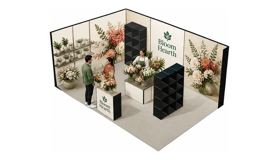 Stoisko 6 × 4 m narożne lewe dla branży rośliny i kwiaciarstwo, przykładowa marka Bloom Hearth