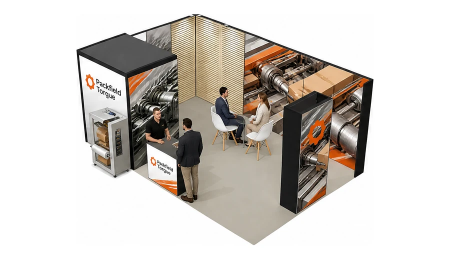 Stoisko 6 × 4 m narożne lewe dla branży maszyny pakujące, przykładowa marka Packfield Torque