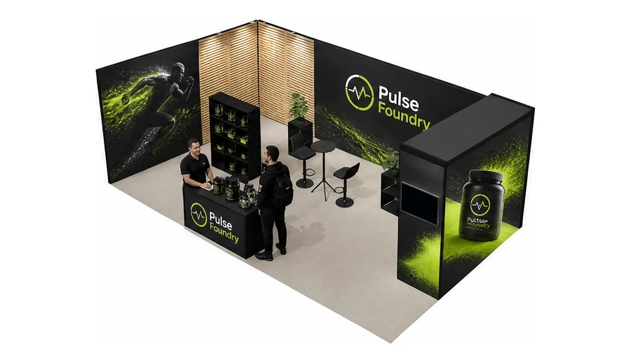 Stoisko 8 × 4 m narożne lewe dla branży suplementy diety, przykładowa marka Pulse Foundry