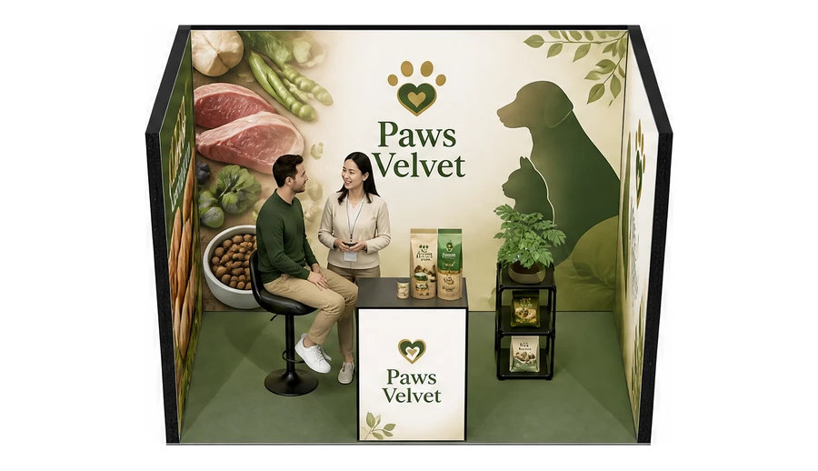 Stoisko 3 × 2 m szeregowe dla branży karma dla zwierząt, przykładowa marka Paws Velvet