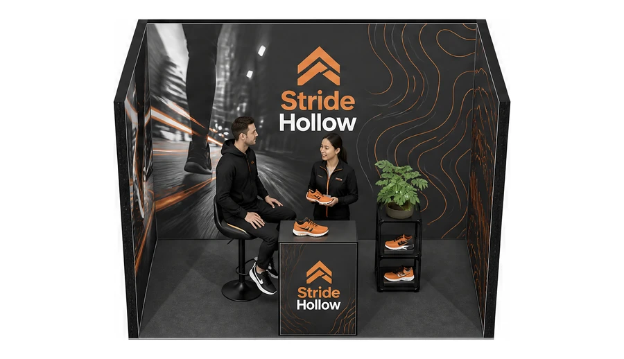 Stoisko 3 × 2 m szeregowe dla branży obuwie, przykładowa marka Stride Hollow