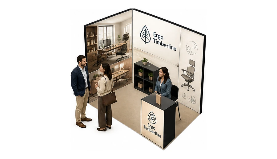 Stoisko 3 × 2 m narożne lewe dla branży meble biurowe, przykładowa marka Ergo Timberline