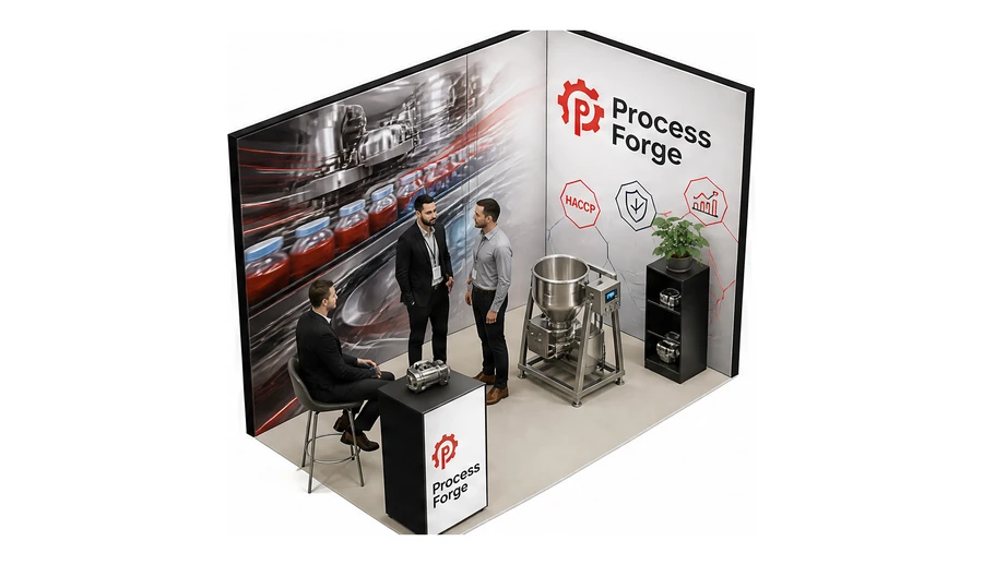 Stoisko 3 × 2 m narożne prawe dla branży technologie spożywcze, przykładowa marka Process Forge
