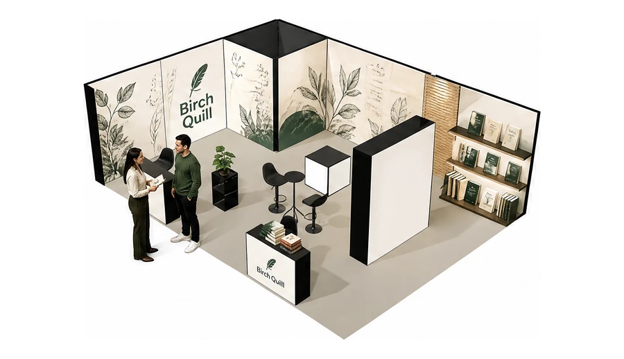 Stoisko 8 × 6 m narożne lewe dla branży wydawnictwa, przykładowa marka Birch Quill