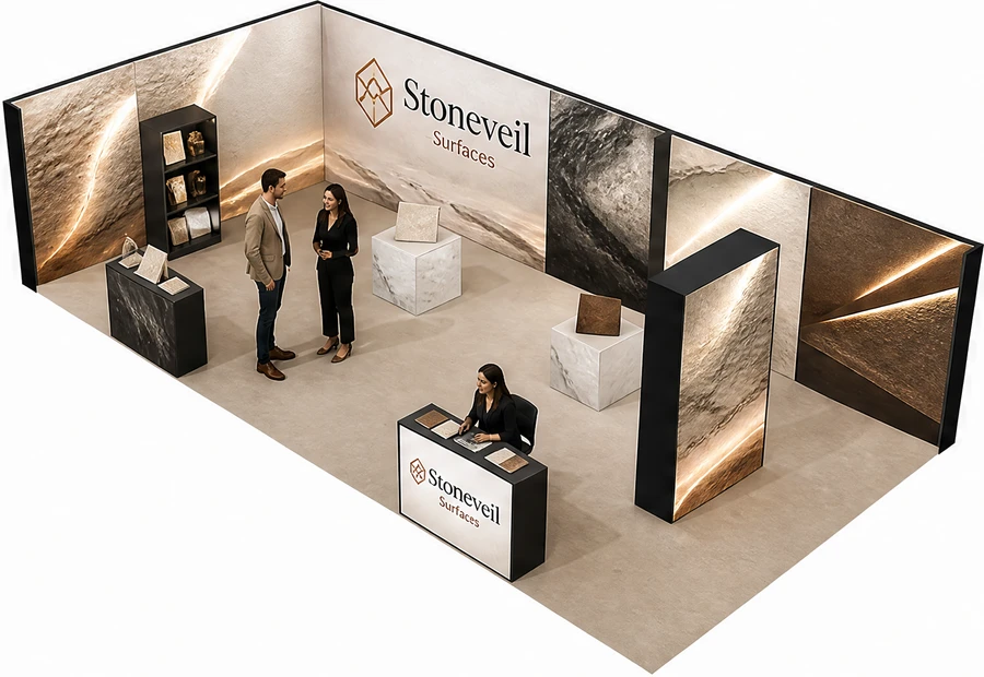 Stoisko 10 × 5 m narożne lewe dla branży wykończenie wnętrz, przykładowa marka Stoneveil Surfaces