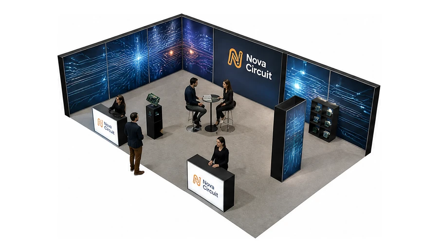 Stoisko 10 × 6 m narożne lewe dla branży komponenty elektroniczne, przykładowa marka Nova Circuit