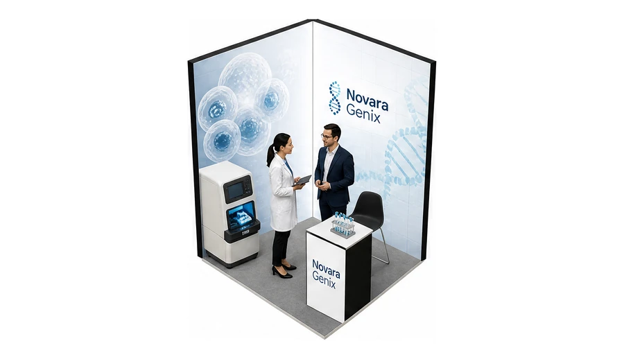 Stoisko 2 × 2 m narożne lewe dla branży farmacja i biotechnologia, przykładowa marka Novara Genix