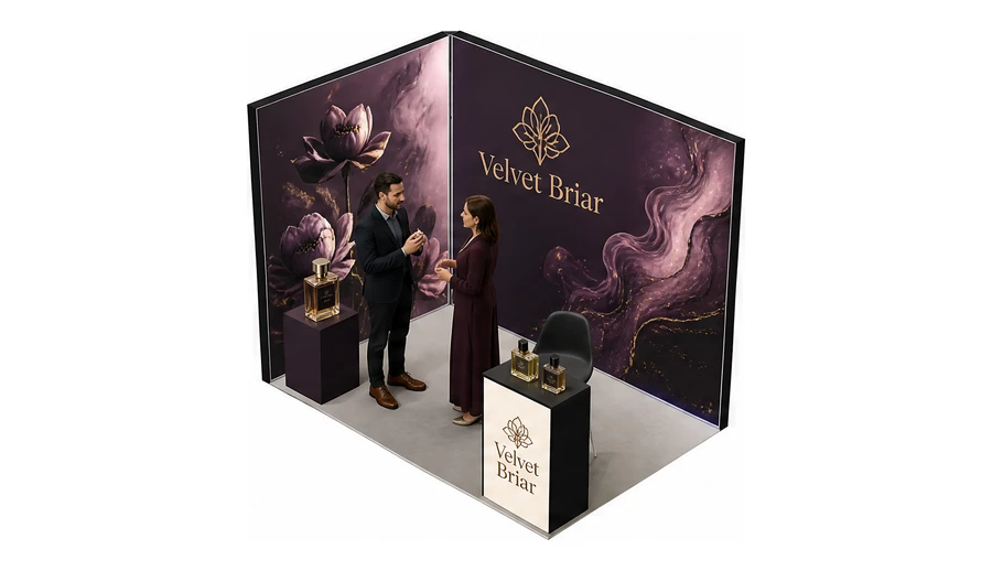 Stoisko 3 × 2 m narożne lewe dla branży perfumy, przykładowa marka Velvet Briar