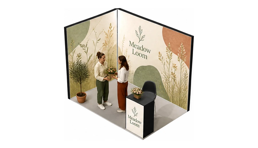 Stoisko 3 × 2 m narożne lewe dla branży rośliny i kwiaciarstwo, przykładowa marka Meadow Loom