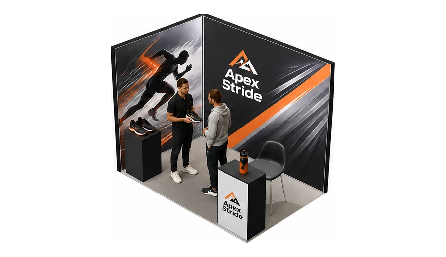 Stoisko 3 × 2 m narożne lewe dla branży sprzęt sportowy, przykładowa marka Apex Stride