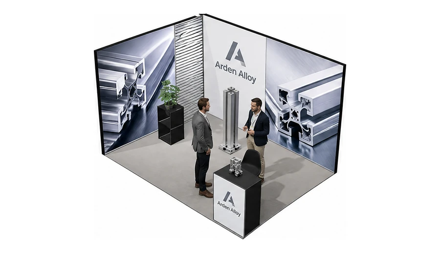 Stoisko 4 × 3 m narożne lewe dla branży profile aluminiowe, przykładowa marka Arden Alloy