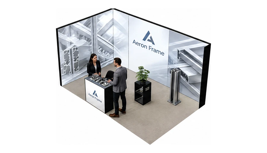 Stoisko 5 × 3 m narożne lewe dla branży profile aluminiowe, przykładowa marka Aeron Frame