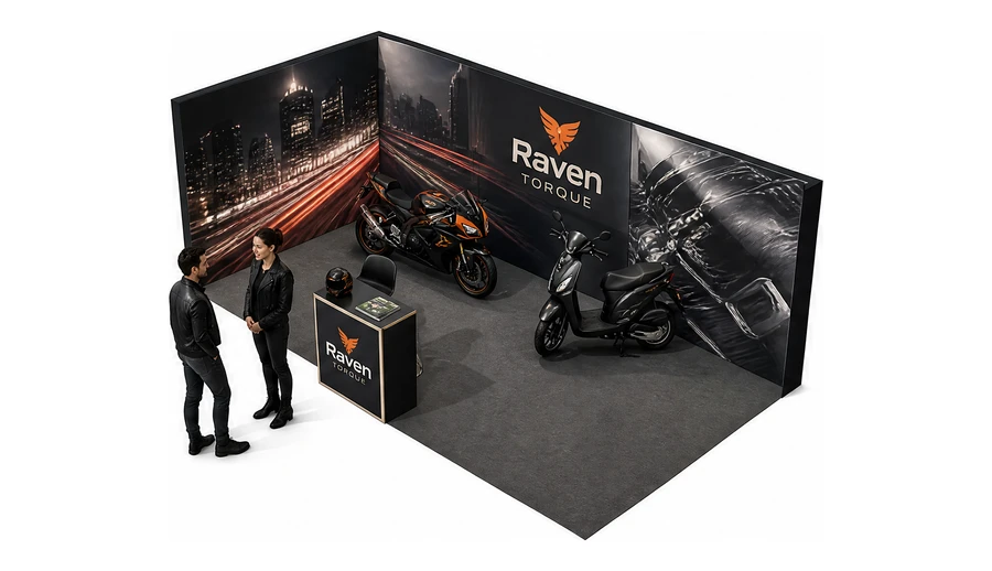 Stoisko 6 × 3 m narożne lewe dla branży motocykle i skutery, przykładowa marka Raven Torque