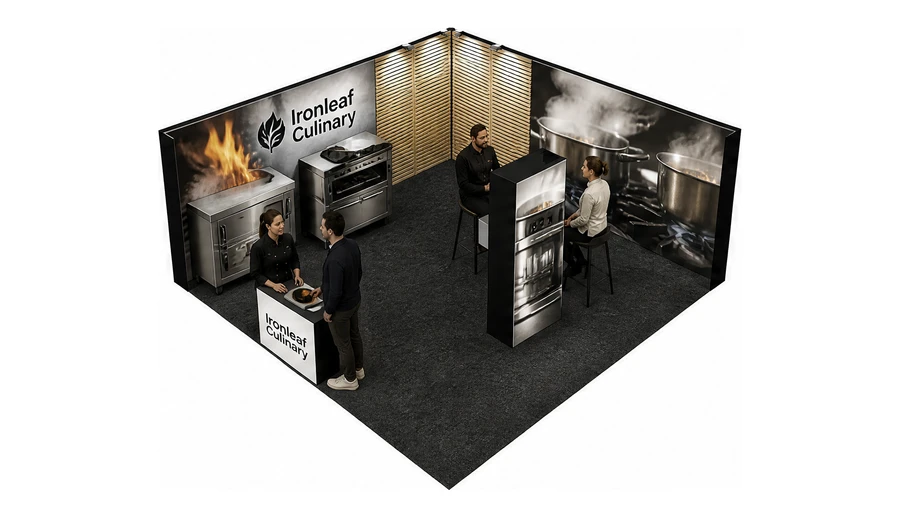 Stoisko 6 × 6 m narożne lewe dla branży wyposażenie gastronomii, przykładowa marka Ironleaf Culinary
