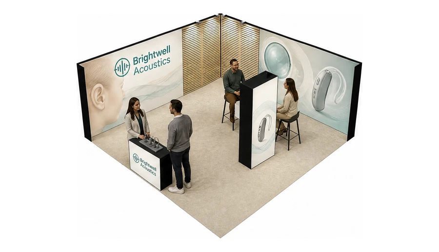 Stoisko 6 × 6 m narożne lewe dla branży optyka i audiologia, przykładowa marka Brightwell Acoustics