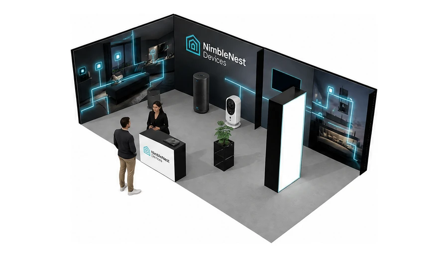 Stoisko 8 × 4 m narożne lewe dla branży smart home i IoT, przykładowa marka NimbleNest Devices