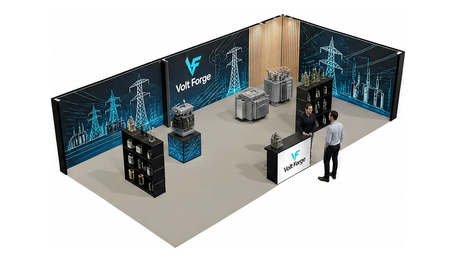 Stoisko 10 × 5 m narożne prawe dla branży energetyka i sieci, przykładowa marka Volt Forge