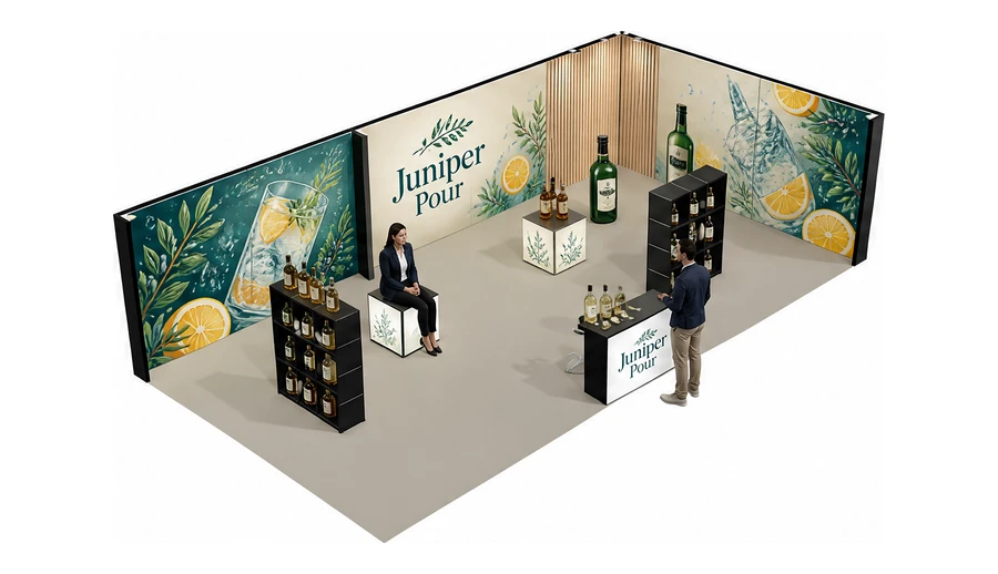 Stoisko 10 × 5 m narożne prawe dla branży napoje, przykładowa marka Juniper Pour