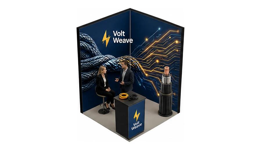 Stoisko 2 × 2 m narożne prawe dla branży kable i elektrotechnika, przykładowa marka Volt Weave