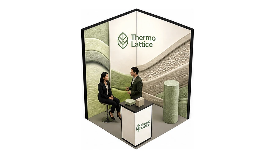 Stoisko 2 × 2 m narożne prawe dla branży izolacje techniczne, przykładowa marka Thermo Lattice