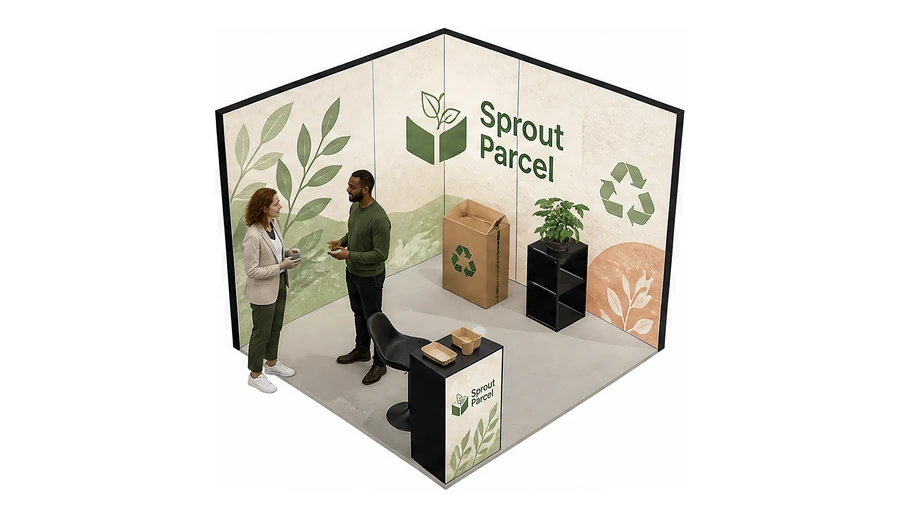 Stoisko 3 × 3 m narożne prawe dla branży opakowania ekologiczne, przykładowa marka Sprout Parcel