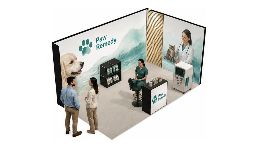 Stoisko 5 × 3 m narożne prawe dla branży weterynaria, przykładowa marka Paw Remedy