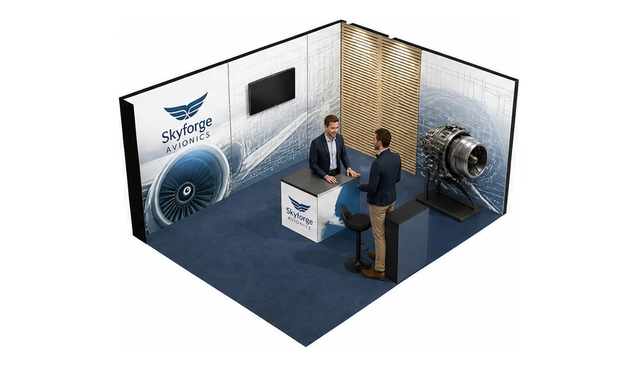 Stoisko 5 × 4 m narożne prawe dla branży lotnictwo, przykładowa marka Skyforge Avionics