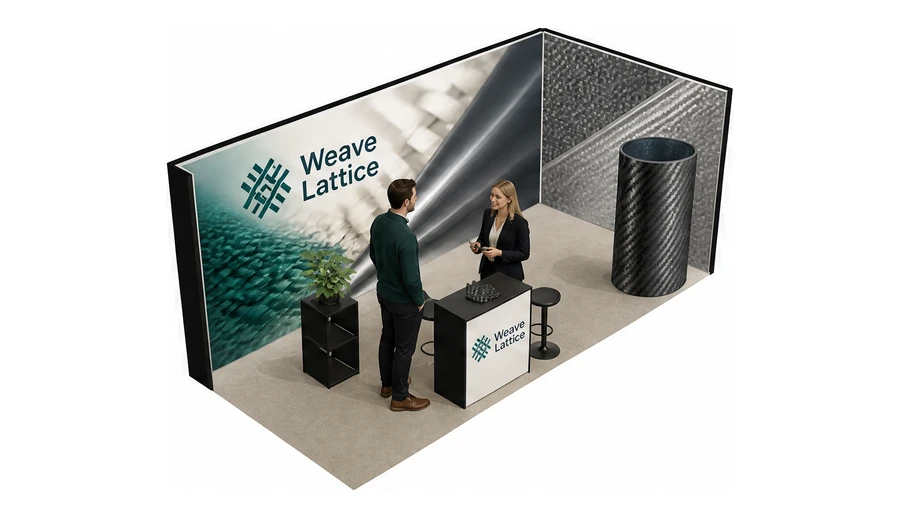 Stoisko 6 × 3 m narożne prawe dla branży materiały kompozytowe, przykładowa marka Weave Lattice