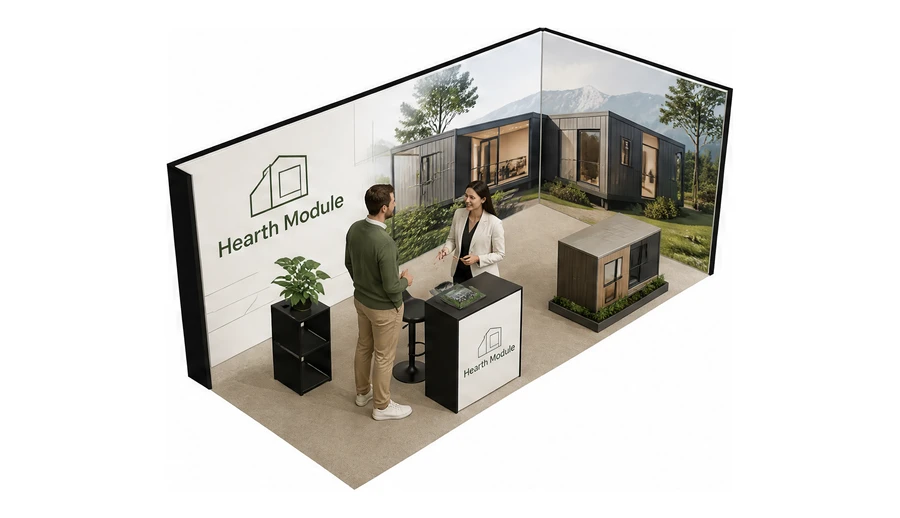 Stoisko 6 × 3 m narożne prawe dla branży domy modułowe i prefabrykacja, przykładowa marka Hearth Module